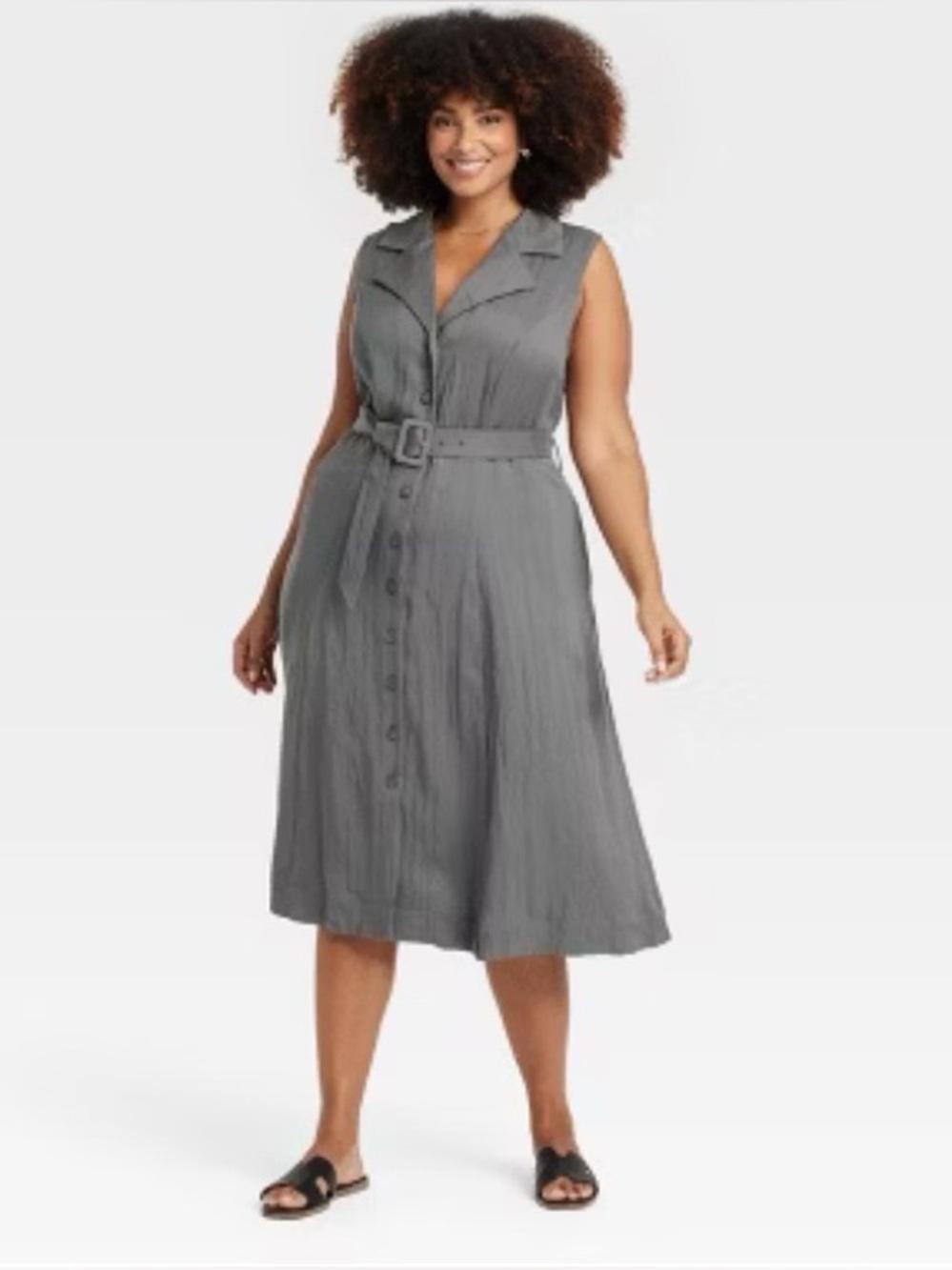 A New Day Gray Belted Button Front Midi Shirt Dress Sleeveless Size 3x